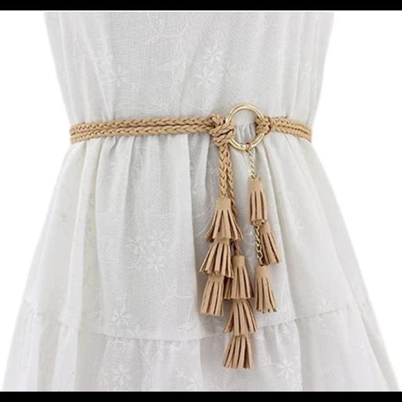 Women Girls PU Leather Waist Belt Chain Skinny Rope with Double Tassel main image 7